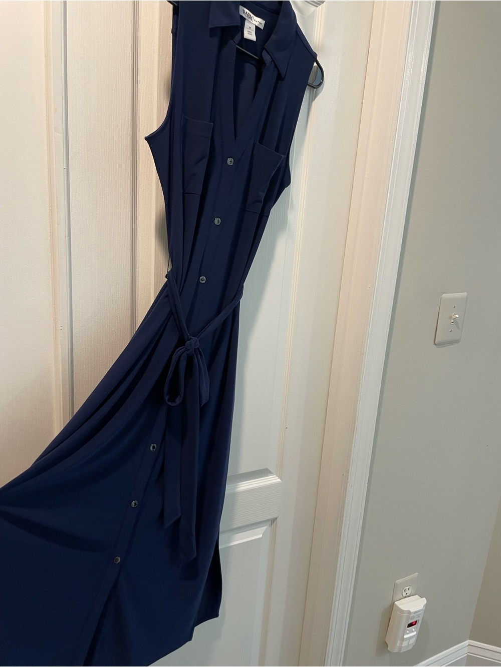 WHBM Outlet Classic Sleeveless Navy Shirt Dress with Tie Waist, Slit Sides